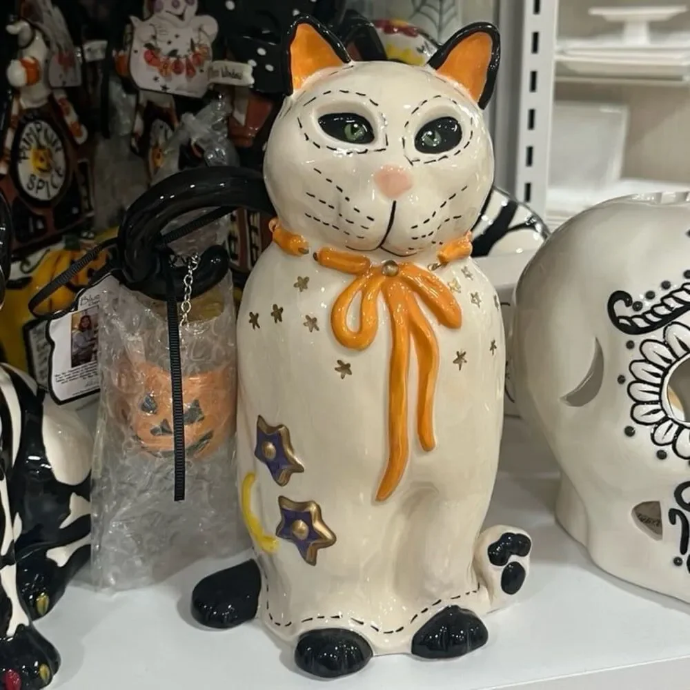 Blue Sky Halloween White Cat with Orange Bow and Pumpkin Basket Figurine Decor